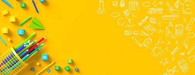 Okul geçmişine dönelim. Okulun konsept tasarımına renkli dönüş... 3D illüstrasyon