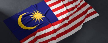 Malezya bayrağı. Kumaş desenli Malezya bayrağı koyu arkaplanda izole edilmiş. 3B illüstrasyon