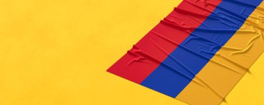 Ermenistan bayrağı. Kumaş desenli Ermenistan bayrağı sarı arka planda izole edilmiş. 3B illüstrasyon