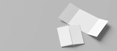 Kapı katlama broşürü beyaz arka planda izole edilmiş bir şekilde duruyor. 3 panel broşürü. 3B illüstrasyon