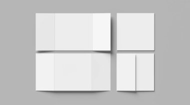Kapı katlama broşürü beyaz arka planda izole edilmiş bir şekilde duruyor. 3 panel broşürü. 3B illüstrasyon