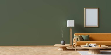 Minimalist, ahşap mobilyalı bir oda. Şık bir oturma odası tasarımı. Boş duvar maketi. 3 Boyutlu Çizim