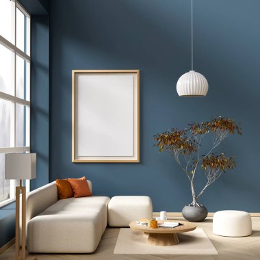 Minimalist, ahşap mobilyalı bir oda. İskandinav tarzı iç kısımda poster çerçevesi oluşturun. 3B illüstrasyon
