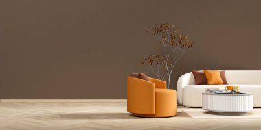 Modern mobilyaları olan minimalist livinig odası. Şık bir oturma odası tasarımı. 3B illüstrasyon