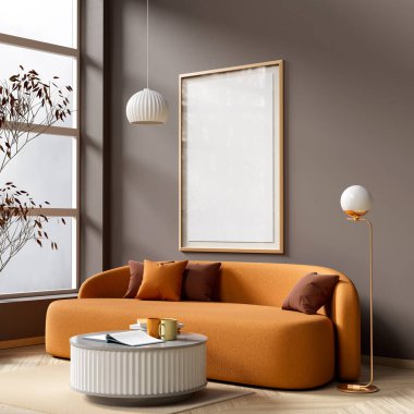 Modern mobilyaları olan minimalist livinig odası. İskandinav tarzı iç kısımda poster çerçevesi oluşturun. 3B illüstrasyon