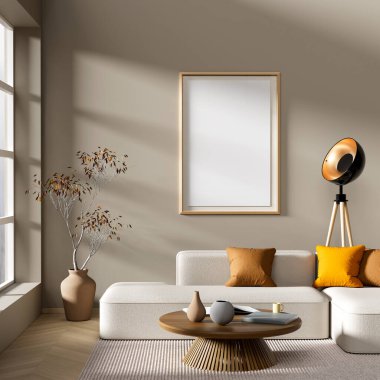 Modern mobilyaları olan minimalist livinig odası. İskandinav tarzı iç kısımda poster çerçevesi oluşturun. 3B illüstrasyon