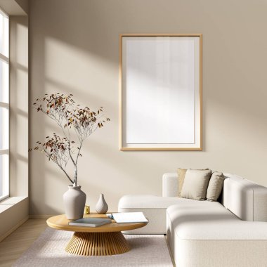 Modern mobilyaları olan minimalist livinig odası. İskandinav tarzı iç kısımda poster çerçevesi oluşturun. 3B illüstrasyon