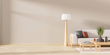 Modern mobilyaları olan minimalist livinig odası. Şık bir oturma odası tasarımı. Boş duvar maketi. 3B illüstrasyon