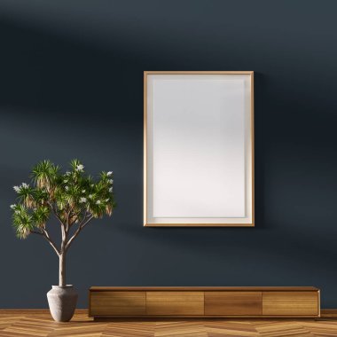 Modern mobilyaları olan minimalist livinig odası. İskandinav tarzı iç kısımda poster çerçevesi oluşturun. 3B illüstrasyon