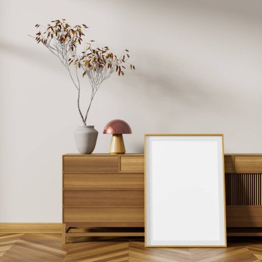 Modern mobilyaları olan minimalist livinig odası. İskandinav tarzı iç kısımda poster çerçevesi oluşturun. 3B illüstrasyon