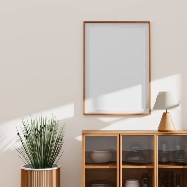 İskandinav tarzı iç kısımda poster çerçevesi oluşturun. Minimalist oturma odası ve ahşap mobilyalar. 3B illüstrasyon