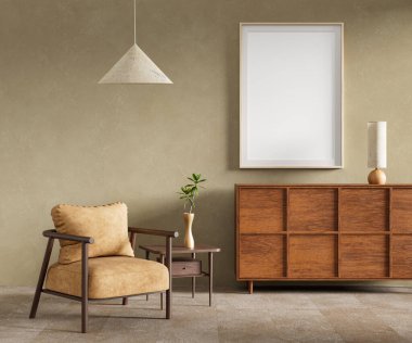 İskandinav tarzı iç kısımda poster çerçevesi oluşturun. Minimalist oturma odası ve ahşap mobilyalar. 3B illüstrasyon