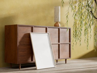 İskandinav tarzı iç kısımda poster çerçevesi oluşturun. Minimalist oturma odası, ahşap mobilyalar ve kapalı alan ağacı. 3B illüstrasyon