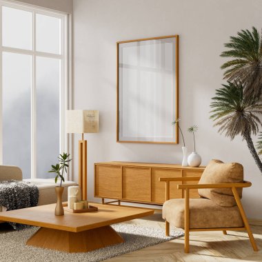 İskandinav tarzı iç kısımda poster çerçevesi oluşturun. Minimalist oturma odası ve ahşap mobilyalar. 3B illüstrasyon