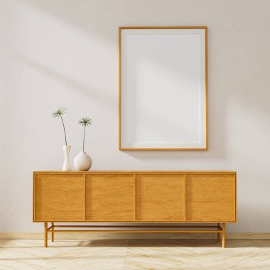 İskandinav tarzı iç kısımda poster çerçevesi oluşturun. Minimalist oturma odası ve ahşap mobilyalar. 3B illüstrasyon