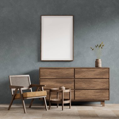 İskandinav tarzı iç kısımda poster çerçevesi oluşturun. Minimalist oturma odası ve ahşap mobilyalar. 3B illüstrasyon