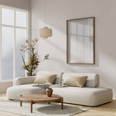 İskandinav tarzı iç kısımda poster çerçevesi oluşturun. Minimalist oturma odası ve ahşap mobilyalar. 3B illüstrasyon