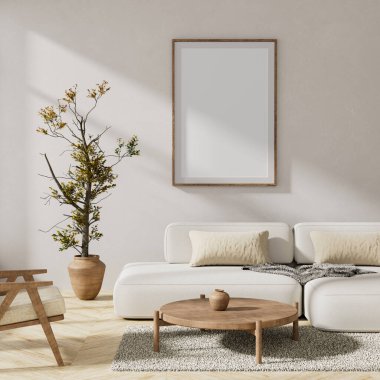 İskandinav tarzı iç kısımda poster çerçevesi oluşturun. Minimalist oturma odası ve ahşap mobilyalar. 3B illüstrasyon