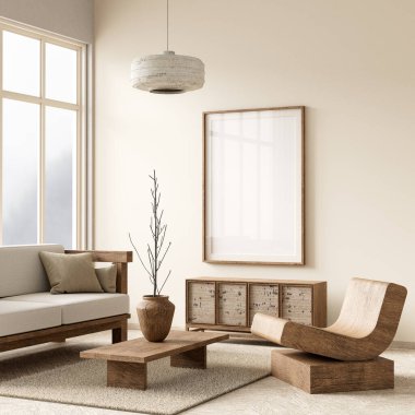 İskandinav tarzı iç kısımda poster çerçevesi oluşturun. Minimalist oturma odası ve ahşap mobilyalar. 3B illüstrasyon