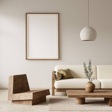 İskandinav tarzı iç kısımda poster çerçevesi oluşturun. Minimalist oturma odası ve ahşap mobilyalar. 3B illüstrasyon