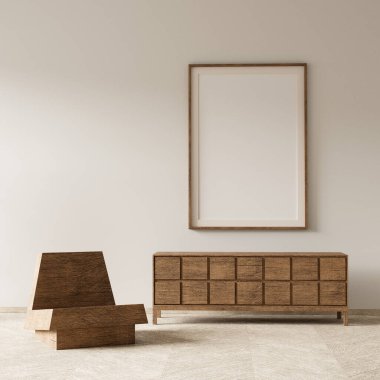 İskandinav tarzı iç kısımda poster çerçevesi oluşturun. Minimalist oturma odası ve ahşap mobilyalar. 3B illüstrasyon