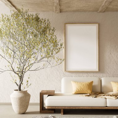 Boho tarzı bej kaplamalı, ahşap mobilyalı poster çerçevesi. Doğal tasarım elementleriyle boho tarzı bej yaşam odası. 3B illüstrasyon