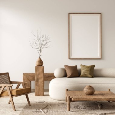 İskandinav tarzı iç kısımda poster çerçevesi oluşturun. Minimalist oturma odası ve ahşap mobilyalar. 3B illüstrasyon