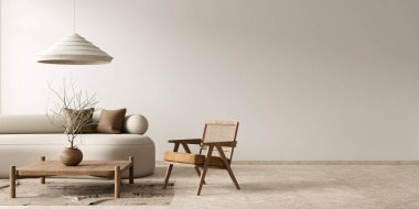 Minimalist, ahşap mobilyalı bir oda. Şık bir oturma odası tasarımı. Boş duvar maketi. 3B illüstrasyon