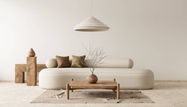 Boş duvar, boho stili dekore edilmiş livinig odada maket yapıyor. Ahşap mobilyalı oturma odasının aydınlık modern iç tasarımı. 3B illüstrasyon