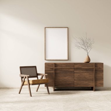 Poster çerçevesini boho stili dekore edilmiş livinig odasıyla süsleyin. Ahşap mobilyalı oturma odasının aydınlık modern iç tasarımı. 3B illüstrasyon