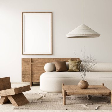 Poster çerçevesini boho stili dekore edilmiş livinig odasıyla süsleyin. Ahşap mobilyalı oturma odasının aydınlık modern iç tasarımı. 3B illüstrasyon