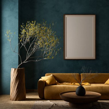Poster çerçevesini boho stili dekore edilmiş livinig odasıyla süsleyin. Ahşap mobilyalı oturma odasının modern iç tasarımı. 3B illüstrasyon