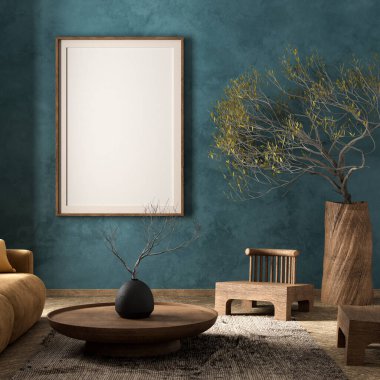 Poster çerçevesini boho stili dekore edilmiş livinig odasıyla süsleyin. Ahşap mobilyalı oturma odasının modern iç tasarımı. 3B illüstrasyon
