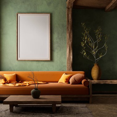 Poster çerçevesini boho stili dekore edilmiş livinig odasıyla süsleyin. Ahşap mobilyaları olan modern, otantik bir oturma odası tasarımı. 3B illüstrasyon