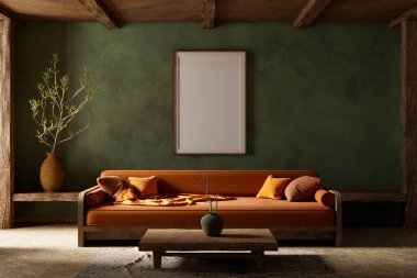 Poster çerçevesini boho stili dekore edilmiş livinig odasıyla süsleyin. Ahşap mobilyaları olan modern, otantik bir oturma odası tasarımı. 3B illüstrasyon