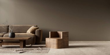 Boş duvar, boho stili dekore edilmiş livinig odada maket yapıyor. Ahşap mobilyalı oturma odasının modern iç tasarımı. 3B illüstrasyon