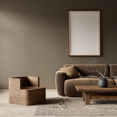 Poster çerçevesini boho stili dekore edilmiş livinig odasıyla süsleyin. Ahşap mobilyalı oturma odasının modern iç tasarımı. 3B illüstrasyon