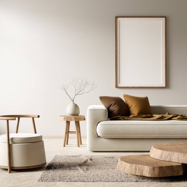 Poster çerçevesini boho stili dekore edilmiş livinig odasıyla süsleyin. Ahşap mobilyalı oturma odasının aydınlık modern iç tasarımı. 3B illüstrasyon