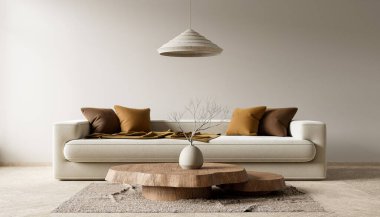 Boş duvar, boho stili dekore edilmiş livinig odada maket yapıyor. Ahşap mobilyalı oturma odasının aydınlık modern iç tasarımı. 3B illüstrasyon