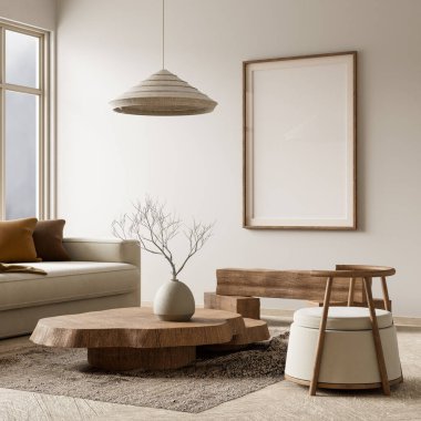 Poster çerçevesini boho stili dekore edilmiş livinig odasıyla süsleyin. Ahşap mobilyalı oturma odasının aydınlık modern iç tasarımı. 3B illüstrasyon