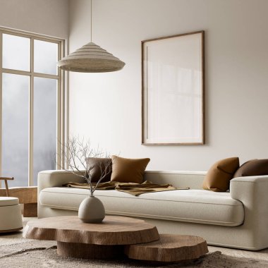 Poster çerçevesini boho stili dekore edilmiş livinig odasıyla süsleyin. Ahşap mobilyalı oturma odasının aydınlık modern iç tasarımı. 3B illüstrasyon