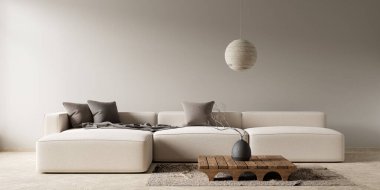 Minimalist, ahşap mobilyalı bir oda. Şık bir oturma odası tasarımı. Boş duvar maketi. 3B illüstrasyon