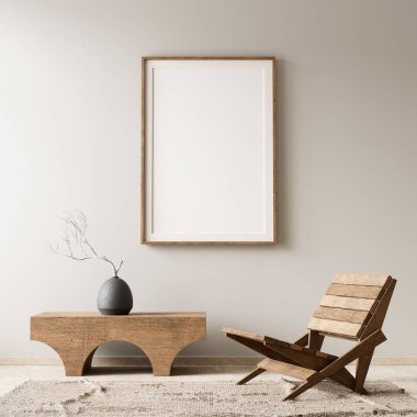 İskandinav tarzı iç kısımda poster çerçevesi oluşturun. Minimalist oturma odası ve ahşap mobilyalar. 3B illüstrasyon