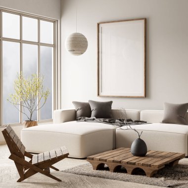 İskandinav tarzı iç kısımda poster çerçevesi oluşturun. Minimalist oturma odası ve ahşap mobilyalar. 3B illüstrasyon