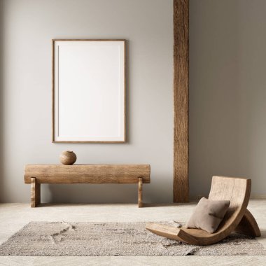 Poster çerçevesini boho stili dekore edilmiş livinig odasıyla süsleyin. Ahşap mobilyaları olan modern, otantik bir oturma odası tasarımı. 3B illüstrasyon