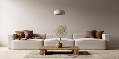 Boho tarzı dekore edilmiş livinig odası. Ahşap mobilyaları olan modern otantik oturma odası tasarımı. 3B illüstrasyon