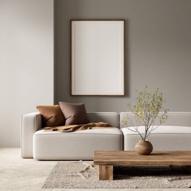 Poster çerçevesini boho stili dekore edilmiş livinig odasıyla süsleyin. Ahşap mobilyaları olan modern, otantik bir oturma odası tasarımı. 3B illüstrasyon