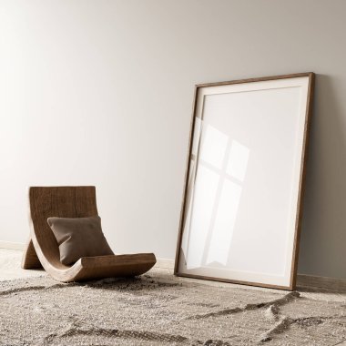 Poster çerçevesini boho stili dekore edilmiş livinig odasıyla süsleyin. Ahşap mobilyaları olan modern, otantik bir oturma odası tasarımı. 3B illüstrasyon
