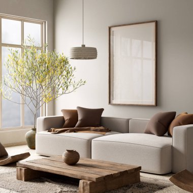 Poster çerçevesini boho stili dekore edilmiş livinig odasıyla süsleyin. Ahşap mobilyaları olan modern, otantik bir oturma odası tasarımı. 3B illüstrasyon