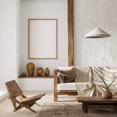 Poster çerçevesini boho stili dekore edilmiş livinig odasıyla süsleyin. Ahşap mobilyaları olan modern, otantik bir oturma odası tasarımı. 3B illüstrasyon